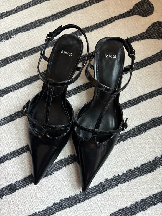Mango Shoes - Mango Black Patent Leather Pointed T-Strap Heels with Ankle Buckle Size 38